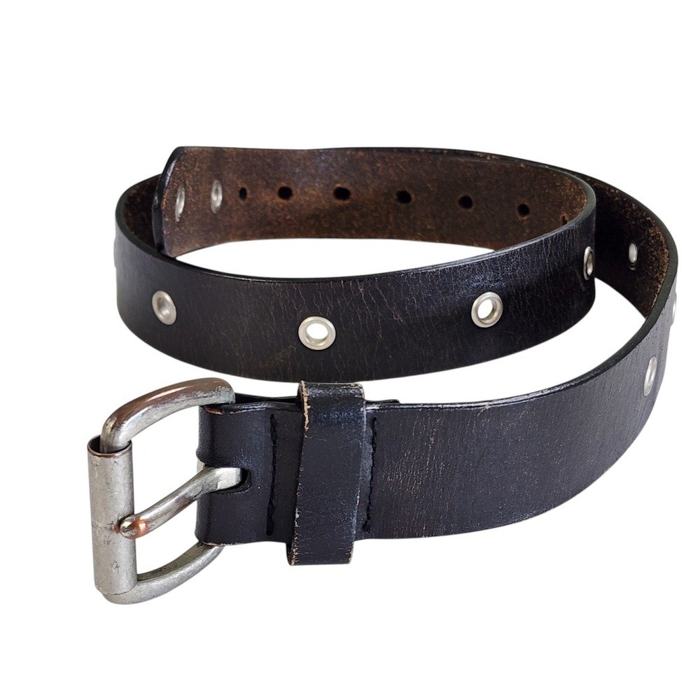 Mossimo Vintage Distressed Leather Grommet Belt Silver Roller Buckle Dark Brown